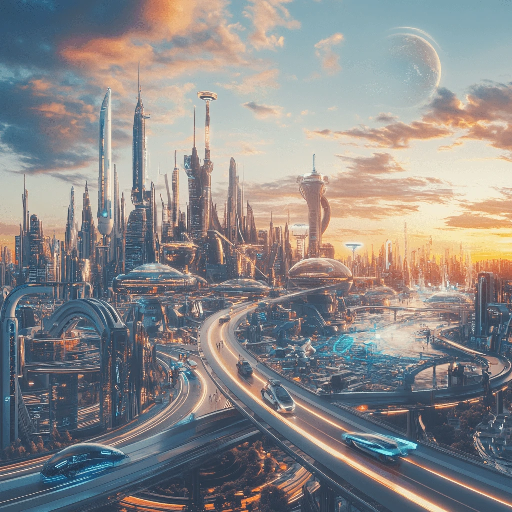 Futuristic travel scene with smart cities, AI-powered attractions, self-driving vehicles, and robotic guides under a vibrant sunset.