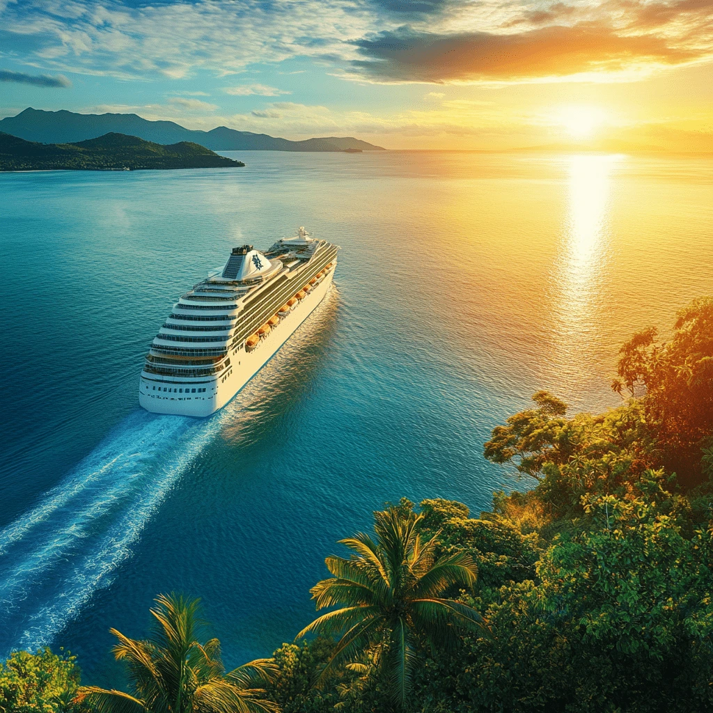Luxury cruise ship sailing through clear turquoise waters at sunset with tropical islands in the background
