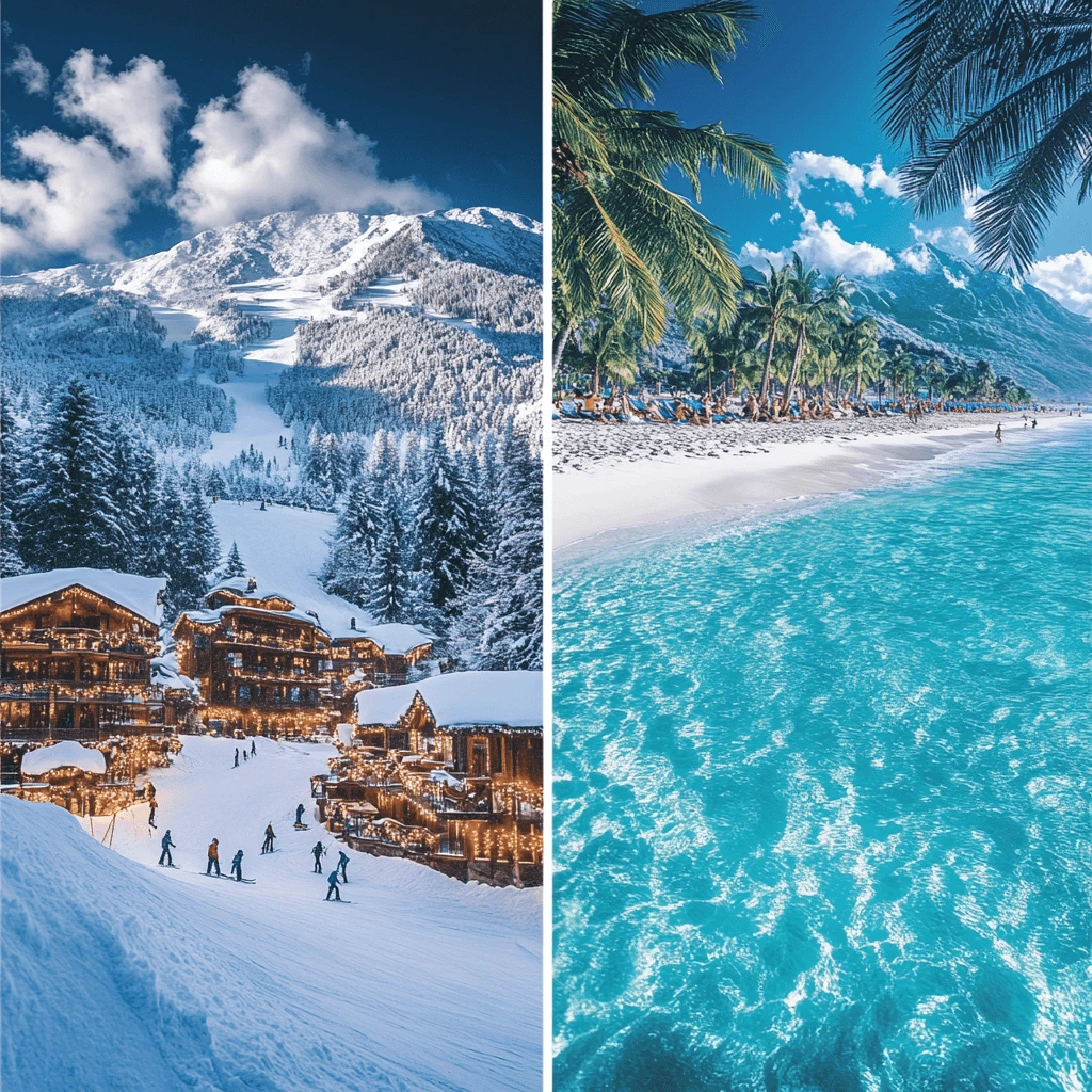 Snow-covered ski resort with Christmas lights and winter activities for December travel.