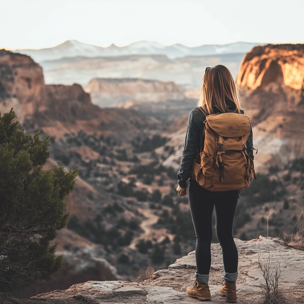 Solo female traveler enjoying the scenic beauty of a US landscape, embracing the freedom of solo adventure