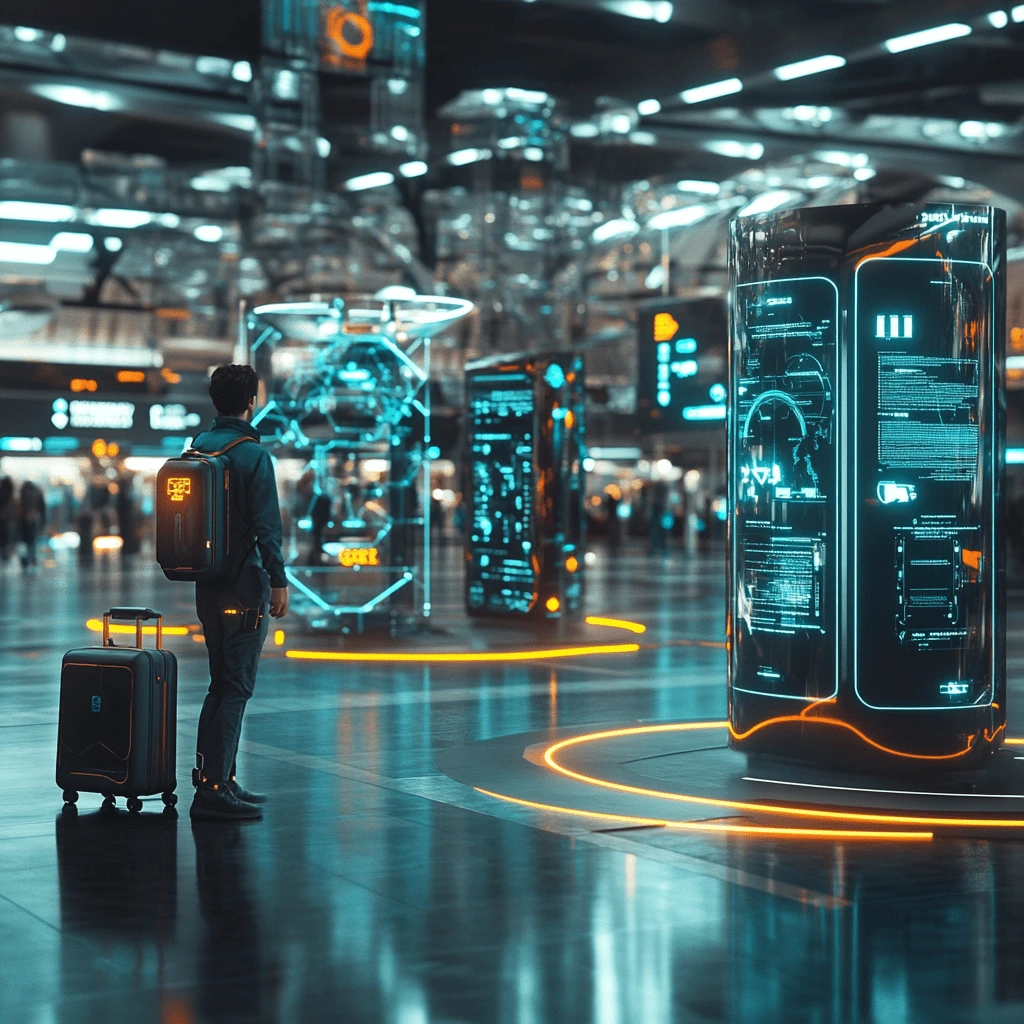 A futuristic traveler in a sleek airport with AI-powered kiosks, smart luggage, and holographic travel guides showcasing advanced technology.