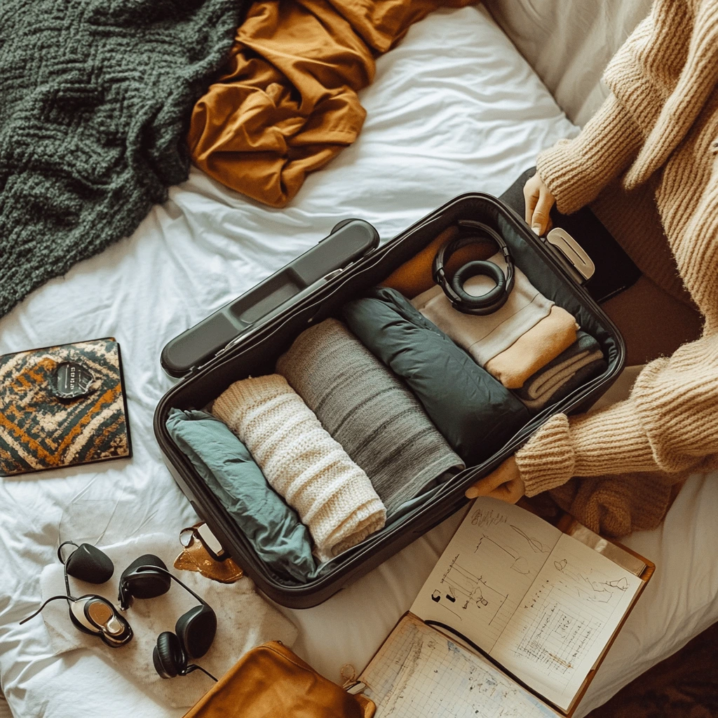 A neatly packed suitcase on a bed, containing rolled clothes, a charging cable, and travel essentials, surrounded by cozy knitwear, a leather pouch, and a travel journal with a nautical illustration.