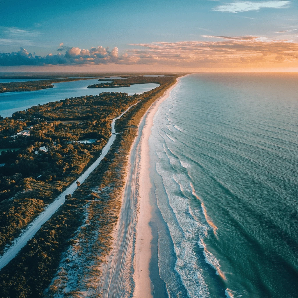 A breathtaking aerial view of a pristine beach in Florida during sunset, showcasing the expansive shoreline and lush greenery.