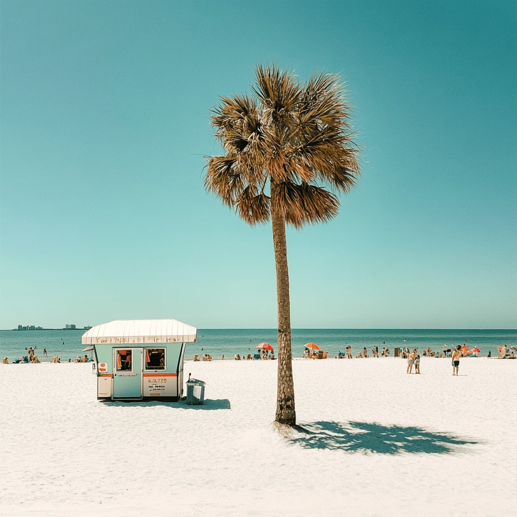 Bright Day at Clearwater Beach with Palm Tree and Vendor Hut A sunny day at Clearwater Beach, Tampa, Florida, with a palm tree and a beachside vendor hut on the white sand.