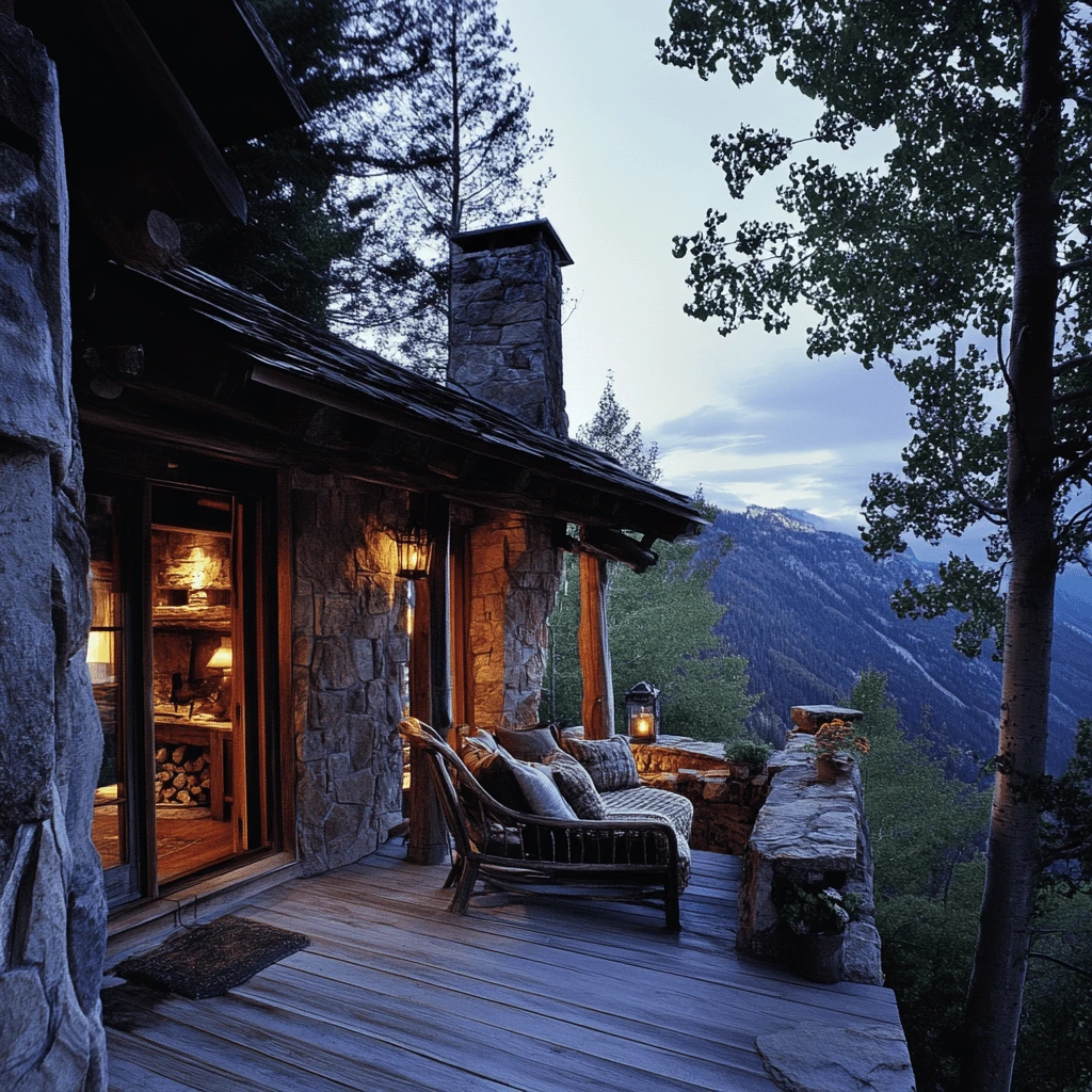 Romantic Mountain Retreat with Stunning Views A cozy mountain retreat with a rustic stone patio, lanterns, and a breathtaking view of a forest and distant peaks at sunset.