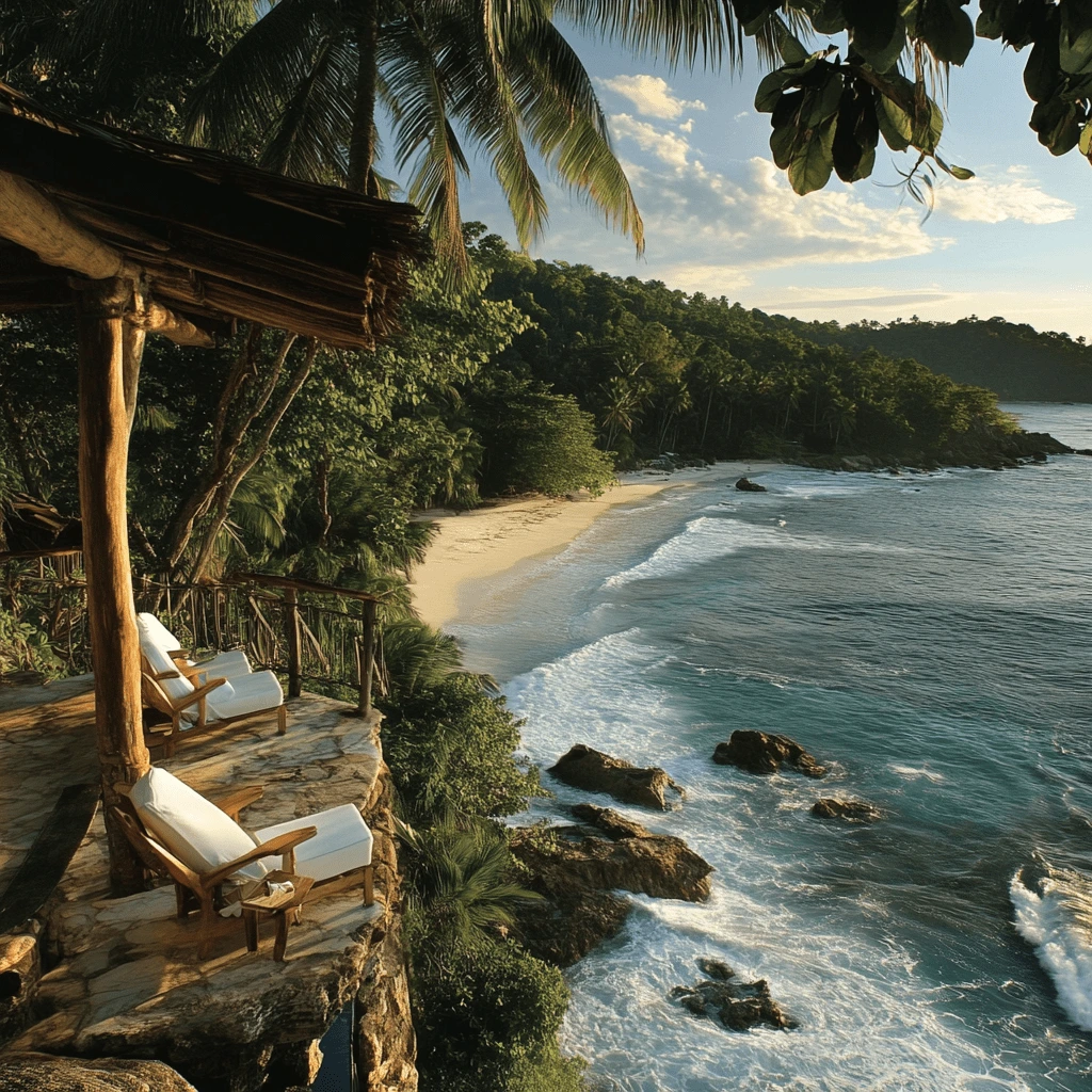 Secluded Tropical Paradise with Oceanfront Deck-ef15-498c-a2b4-9c06cc65b831_2-min A tropical paradise with a rustic wooden deck overlooking a pristine beach and turquoise waves, surrounded by lush palm trees.