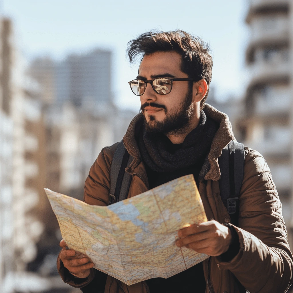 Traveler Exploring Urban Streets with a Map A stylish man with glasses and a beard holding a travel map, wearing a brown jacket and scarf, standing in an urban setting with blurred buildings in the background.