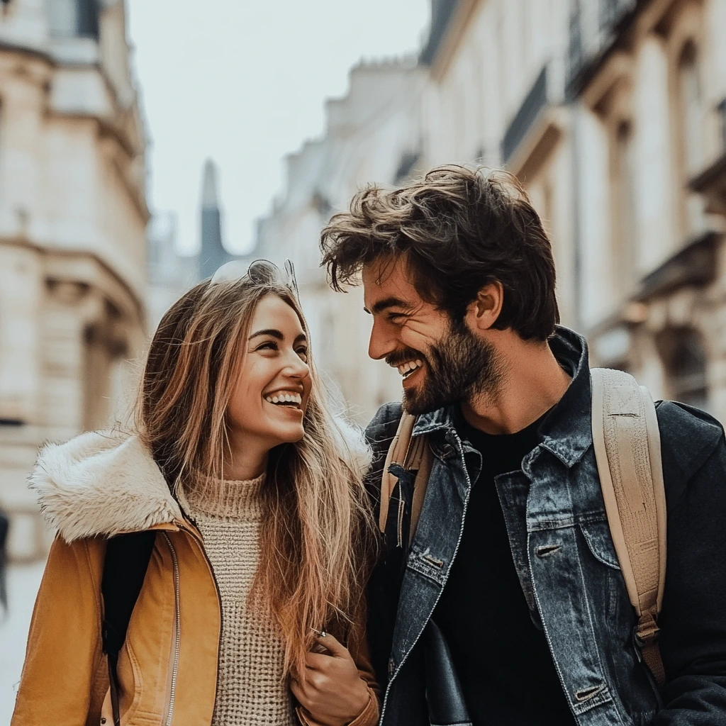Romantic Stroll Through a European City-3f08-4a5c-b7c3-8e83a2cec2cf_1-min A happy couple smiling and walking together through a charming European city street.