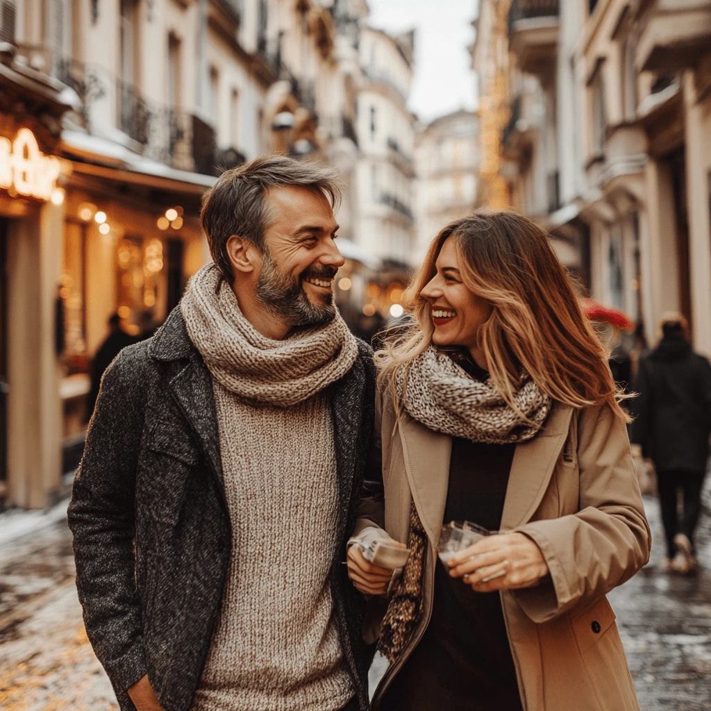 A stylish couple laughing and walking through a festive European street during winter.