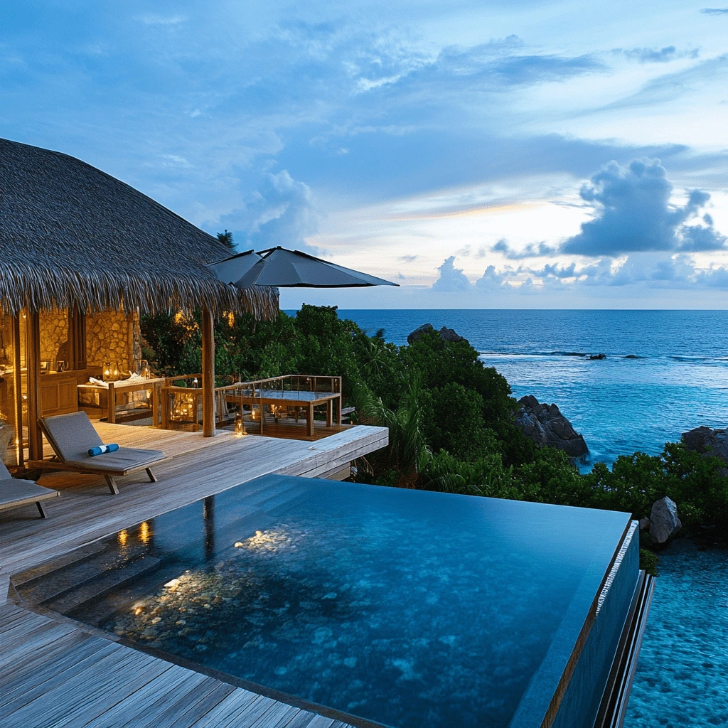 Luxury Overwater Villa with Infinity Pool and Ocean Views A luxurious overwater villa with an infinity pool overlooking the ocean at sunset.