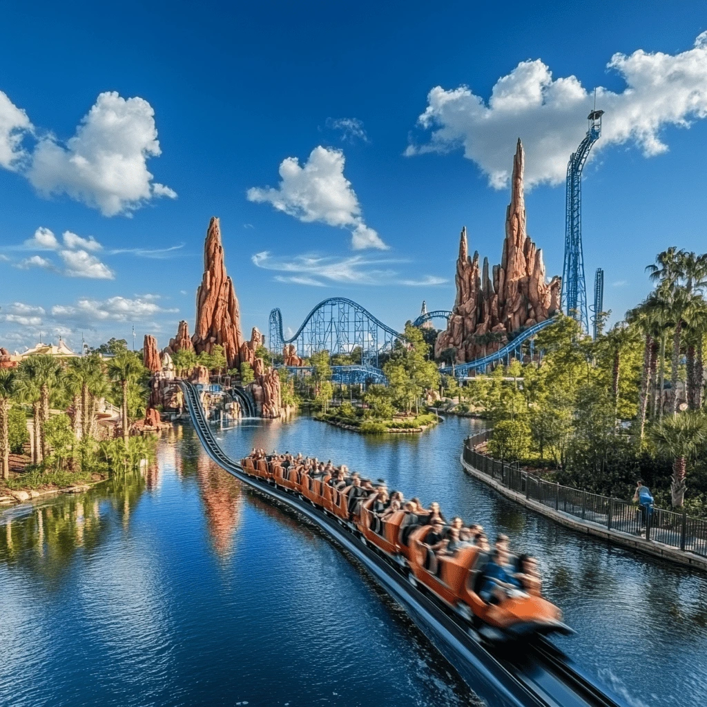 Exciting Roller Coaster Adventure in a Florida Theme Park A thrilling roller coaster ride in a vibrant theme park surrounded by water, palm trees, and dramatic rock formations under a bright blue sky.