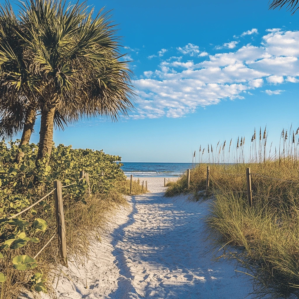 Sandy Pathway to a Peaceful Florida Beach-a-Grille_Beach_Historic_Charm_and_Relaxation_5596fce6-717d-4da7-a58b-1a80bc36339e_1-min A sandy pathway leading to a serene beach surrounded by palm trees and sea grass under a bright blue sky.