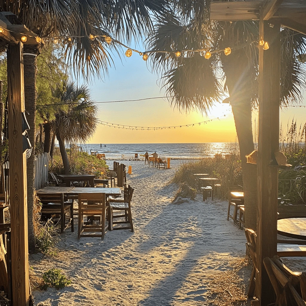 Sunset Dining at Pass-a-Grille Beach, Tampa, Florida-a-Grille_Beach_Historic_Charm_and_Relaxation_5596fce6-717d-4da7-a58b-1a80bc36339e_2-min A sunset view through a cozy beachside dining area at Pass-a-Grille Beach near Tampa, Florida.