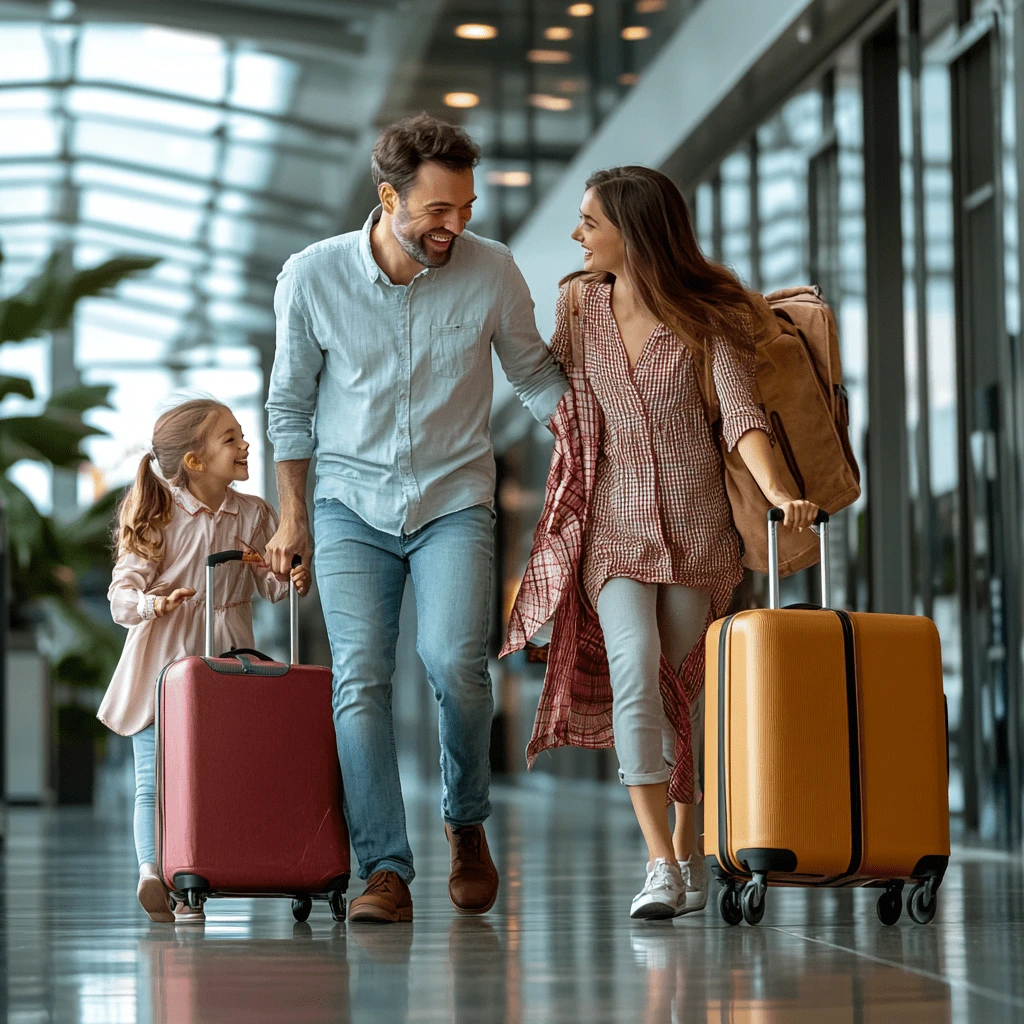 A cheerful family walking through an airport with suitcases, ready for a vacation.