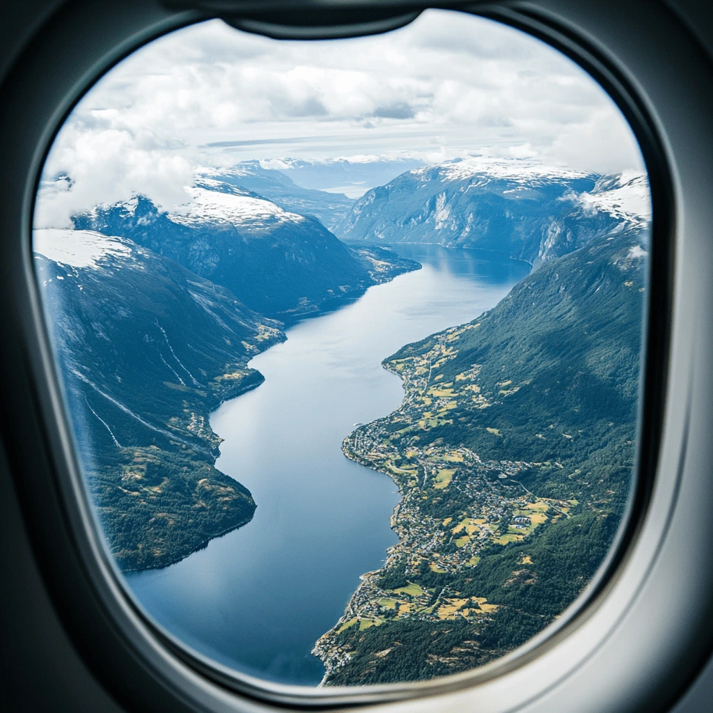 A breathtaking aerial view of Norwegian fjords captured through an airplane window, showcasing snow-capped mountains, a winding waterway, and vibrant green valleys