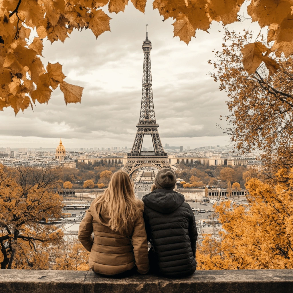 Romantic Autumn View of the Eiffel Tower A couple sitting on a ledge, enjoying a stunning autumn view of the Eiffel Tower in Paris.