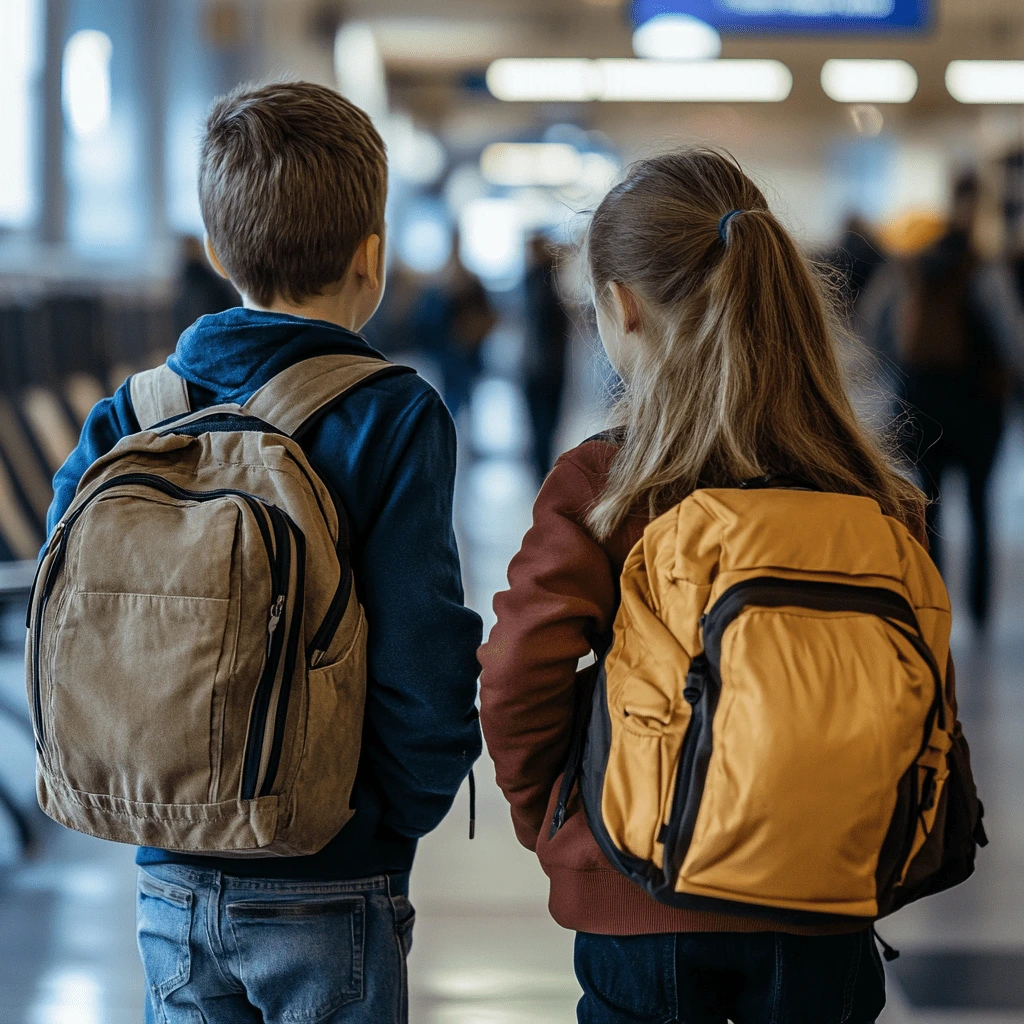 Preteen Kids with Backpacks in an Airport Back view of two preteen kids with backpacks standing in an airport waiting area.
