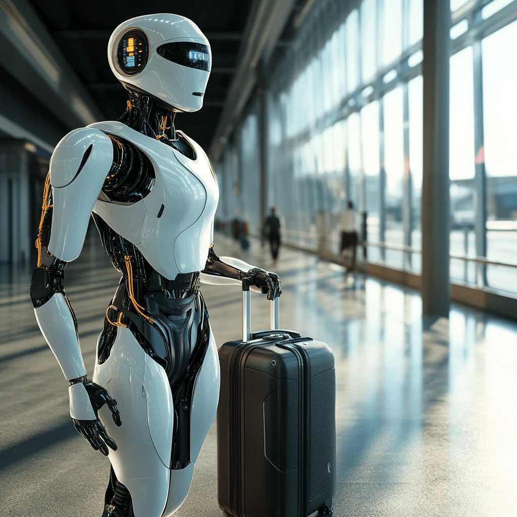 Robot Traveler in a Futuristic Airport A humanoid robot standing beside a suitcase in a modern airport terminal.