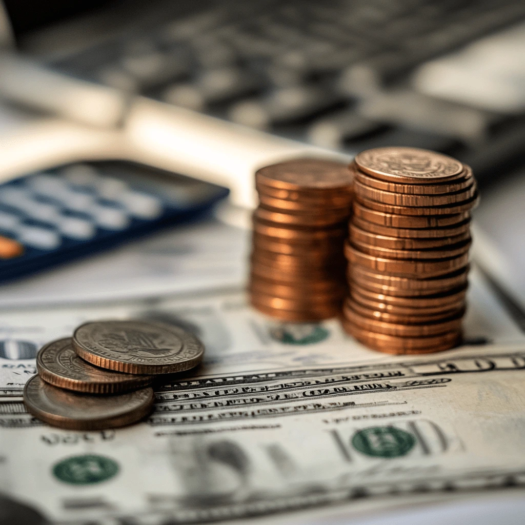 Managing Finances on the Go: Coins, Cash, and Tools A stack of copper coins next to scattered U.S. dollar bills, with a calculator and keyboard in the background.