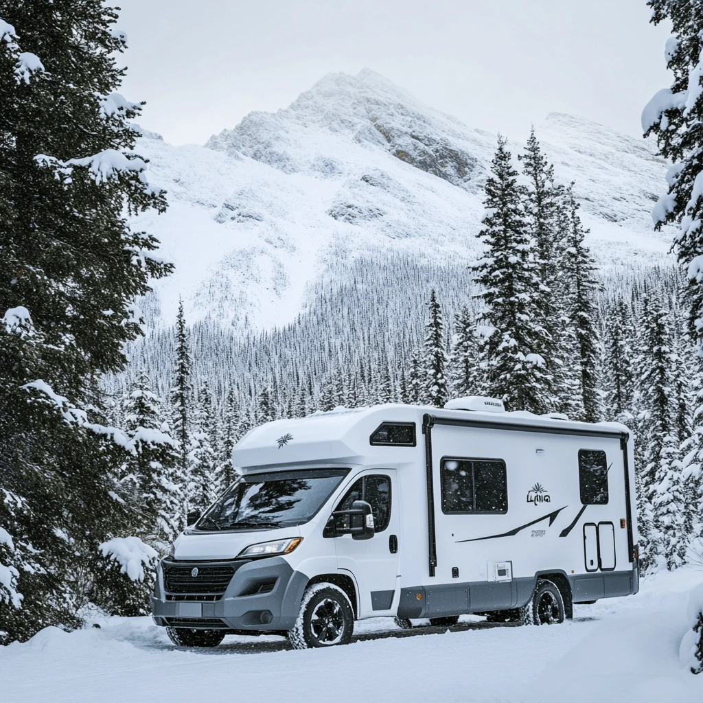 A travel trailer parked in a snow-covered landscape surrounded by evergreen trees and towering mountains in the background.