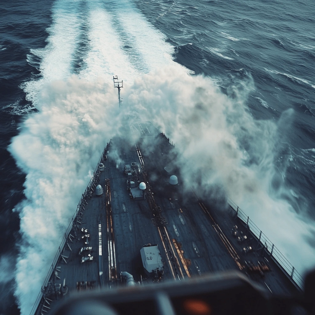 U.S. Navy Destroyer Navigating Rough Waters A U.S. Navy destroyer cutting through rough seas with waves splashing over its deck