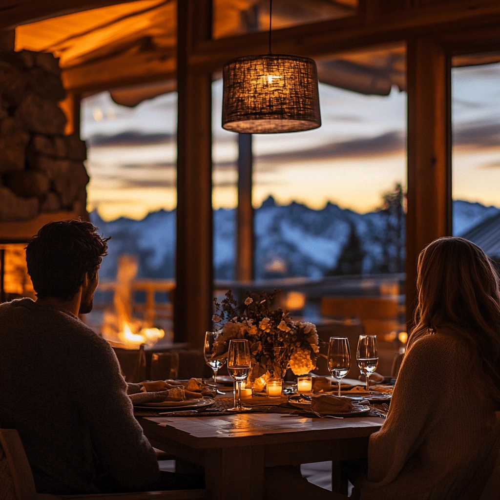 A romantic couple enjoying a candlelit dinner in a cozy wooden cabin with large windows overlooking a mountain sunset.