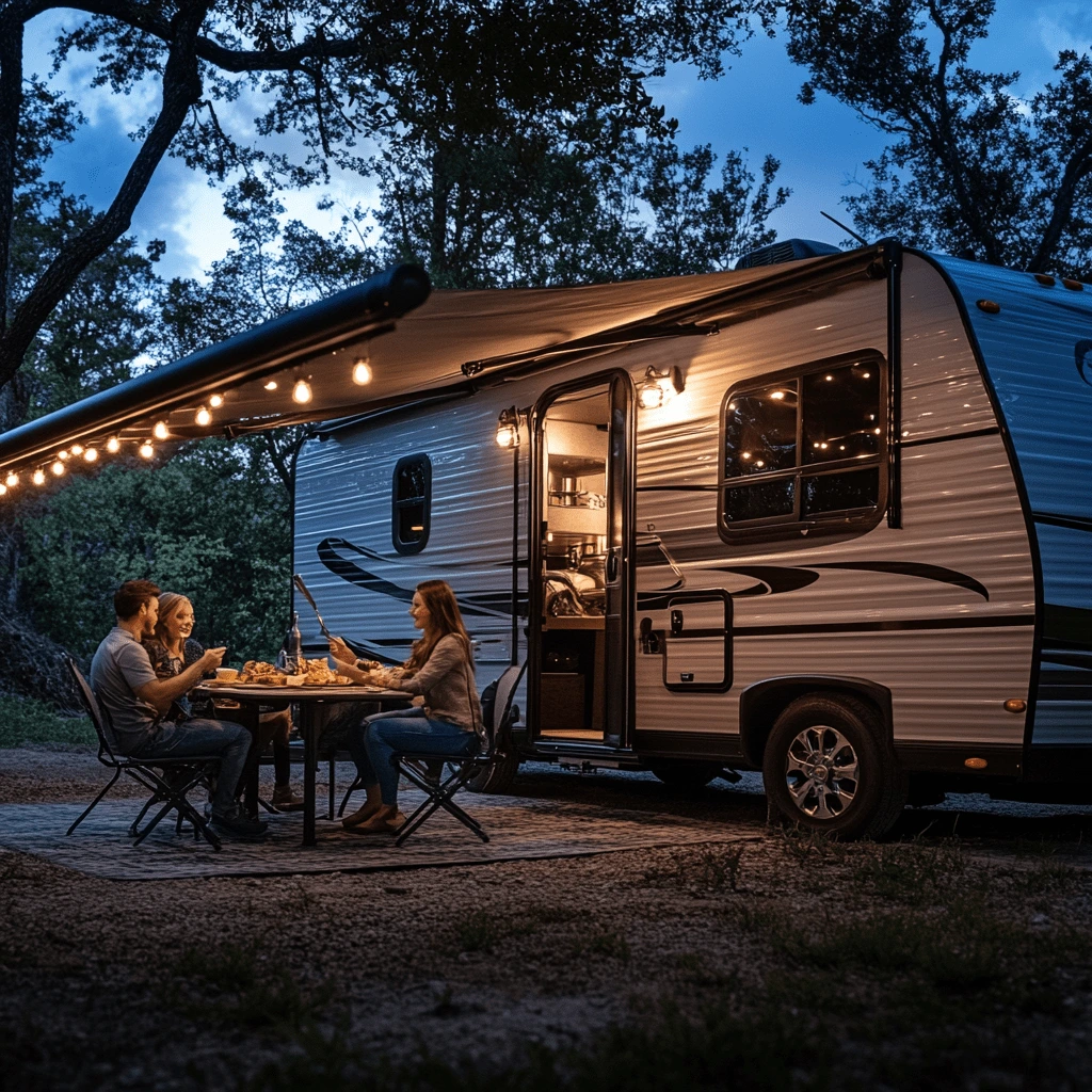 A family enjoying a meal outside their travel trailer under string lights at dusk, creating a cozy campsite ambiance.