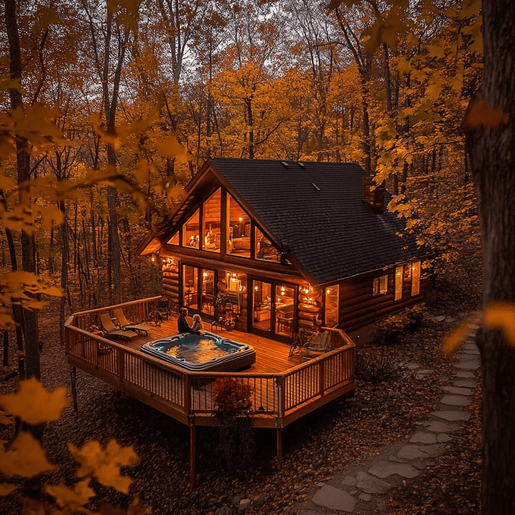 A cozy log cabin in the woods during autumn, featuring a private hot tub on the deck with a couple enjoying the serene atmosphere