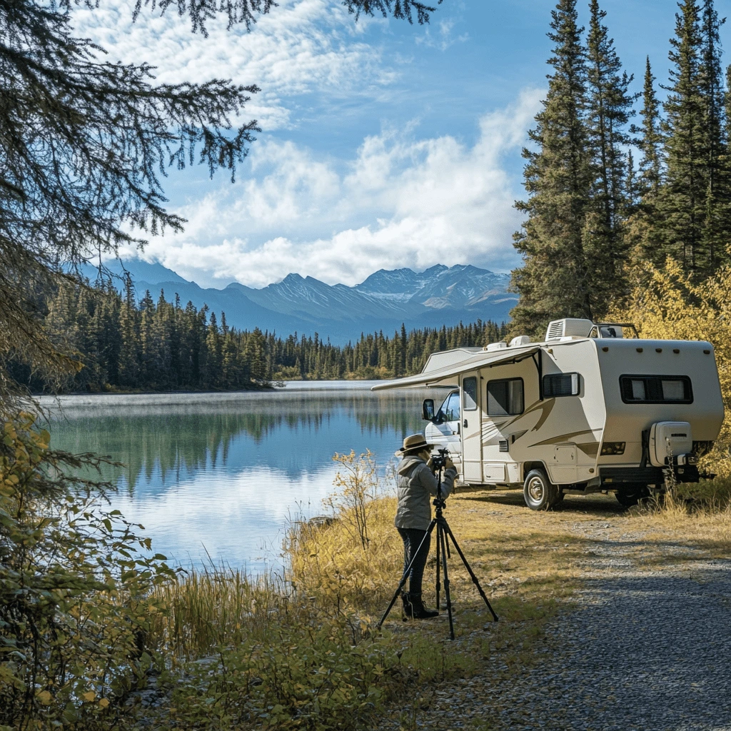 A solo traveler sets up a camera tripod near a travel trailer parked by a calm lakeside, with mountains and forests in the background.