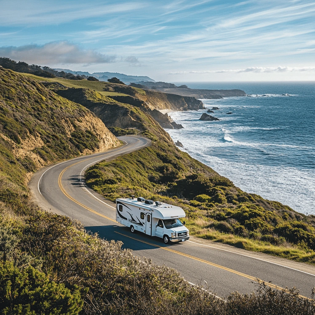 A travel trailer driving along a winding coastal road with stunning ocean views and green cliffs under a clear blue sky.