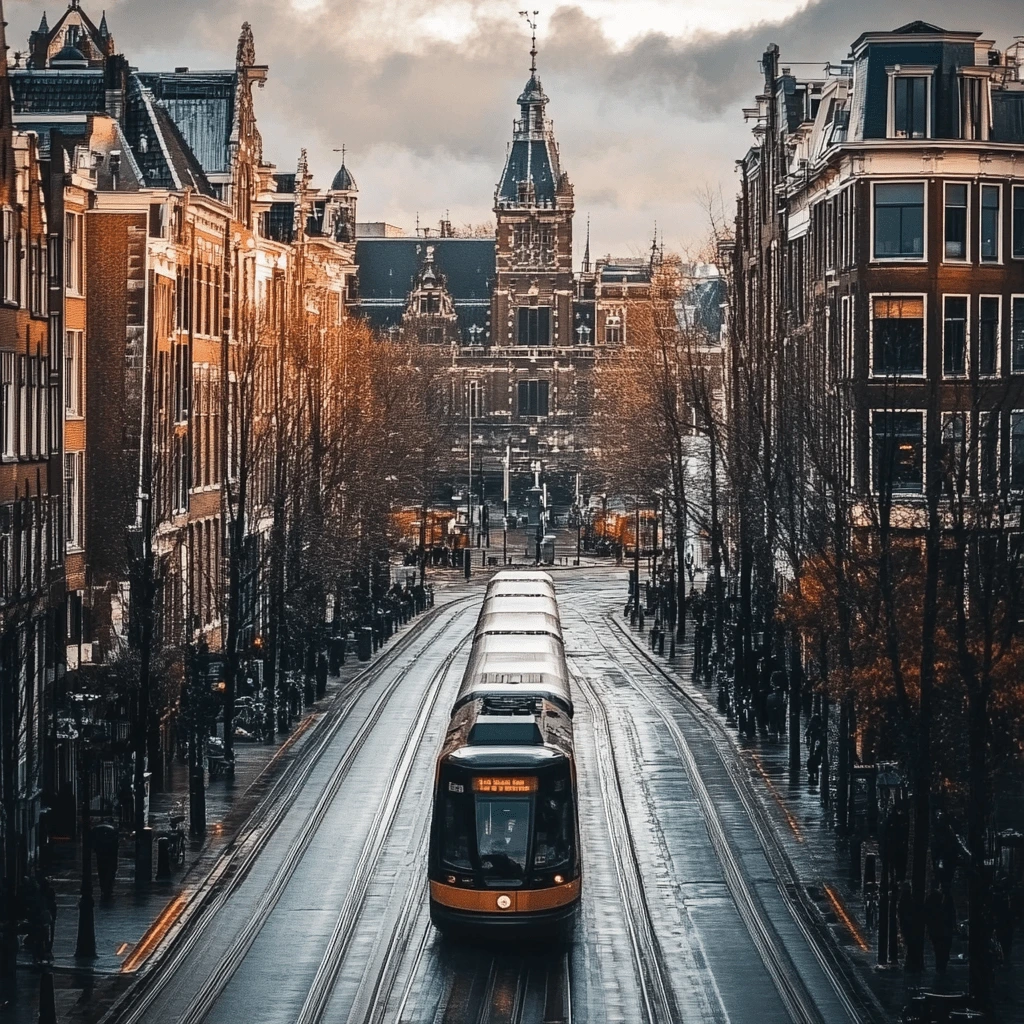 A scenic view of a tram traveling through the streets of Amsterdam, surrounded by historic buildings and autumn trees, with a cloudy sky overhead.
