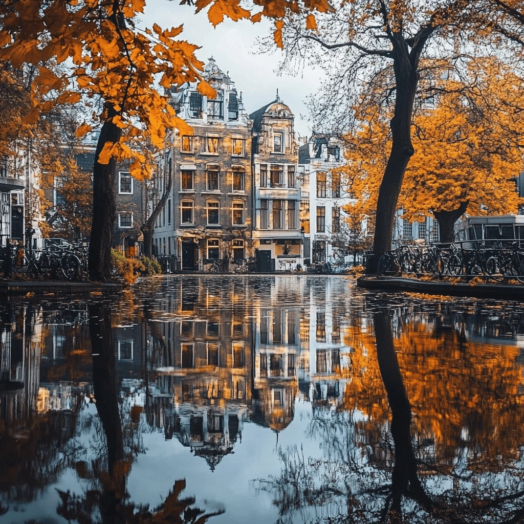 Amsterdam Canal - Autumn Reflection and Historic Beauty--v_6.1_af5f0f88-2bed-4506-8630-b31d17762502_2-min A picturesque canal in Amsterdam surrounded by autumn trees and historic buildings, with golden leaves reflecting on the water