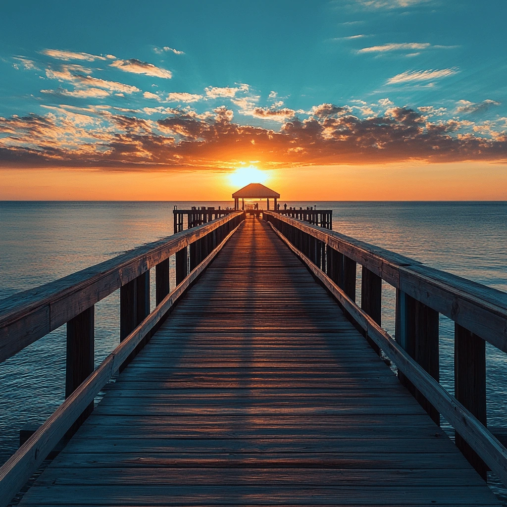 A scenic wooden pier extending into the ocean with a gazebo at the end, framed by a vibrant sunset and scattered clouds in the sky