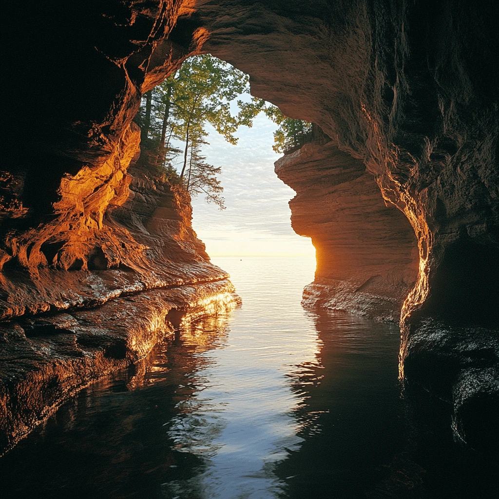 A stunning sea cave in Apostle Islands, Wisconsin, illuminated by golden sunlight reflecting on the calm water at the entrance.
