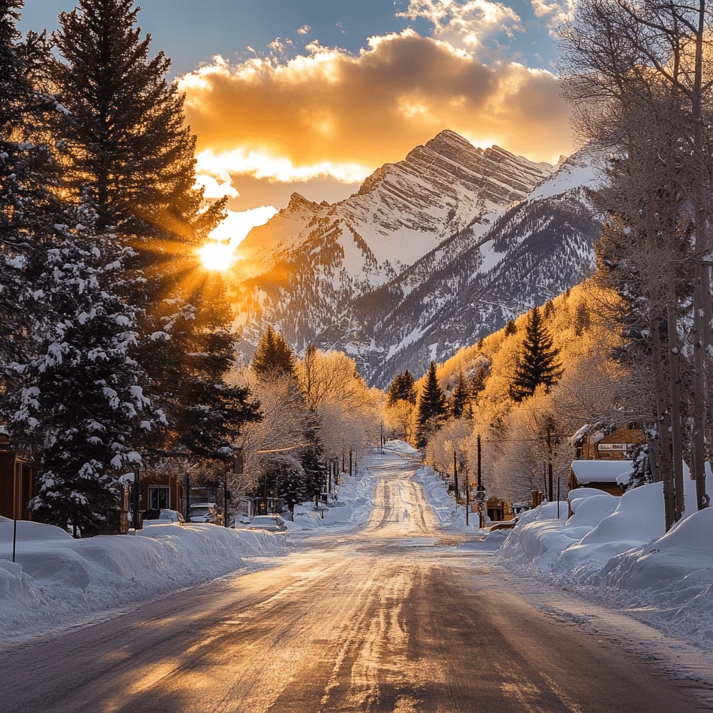 A snow-covered street in Aspen, Colorado, with the sun setting behind majestic mountains and trees shimmering in golden light.