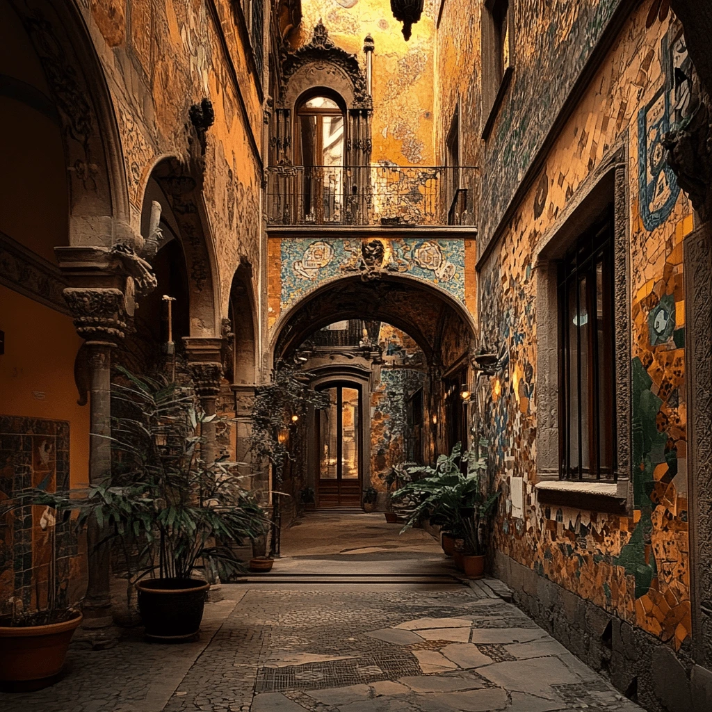 Barcelona Courtyard - Mosaic Beauty and Architectural Elegance--v_6.1_2b4c6e5b-2ced-4ae9-8edb-2af0ed0a8f30_2-min An ornate courtyard in Barcelona with mosaic-covered walls, arches, and lush potted plants, illuminated by warm lighting.