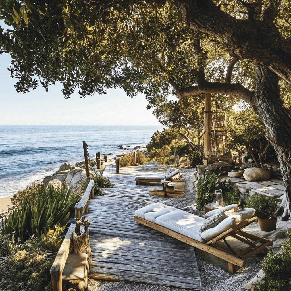 Serene Coastal Retreat with Ocean View A serene coastal retreat featuring wooden loungers with white cushions, nestled under the shade of trees. A rustic boardwalk leads to a stunning view of the ocean under a clear blue sky.