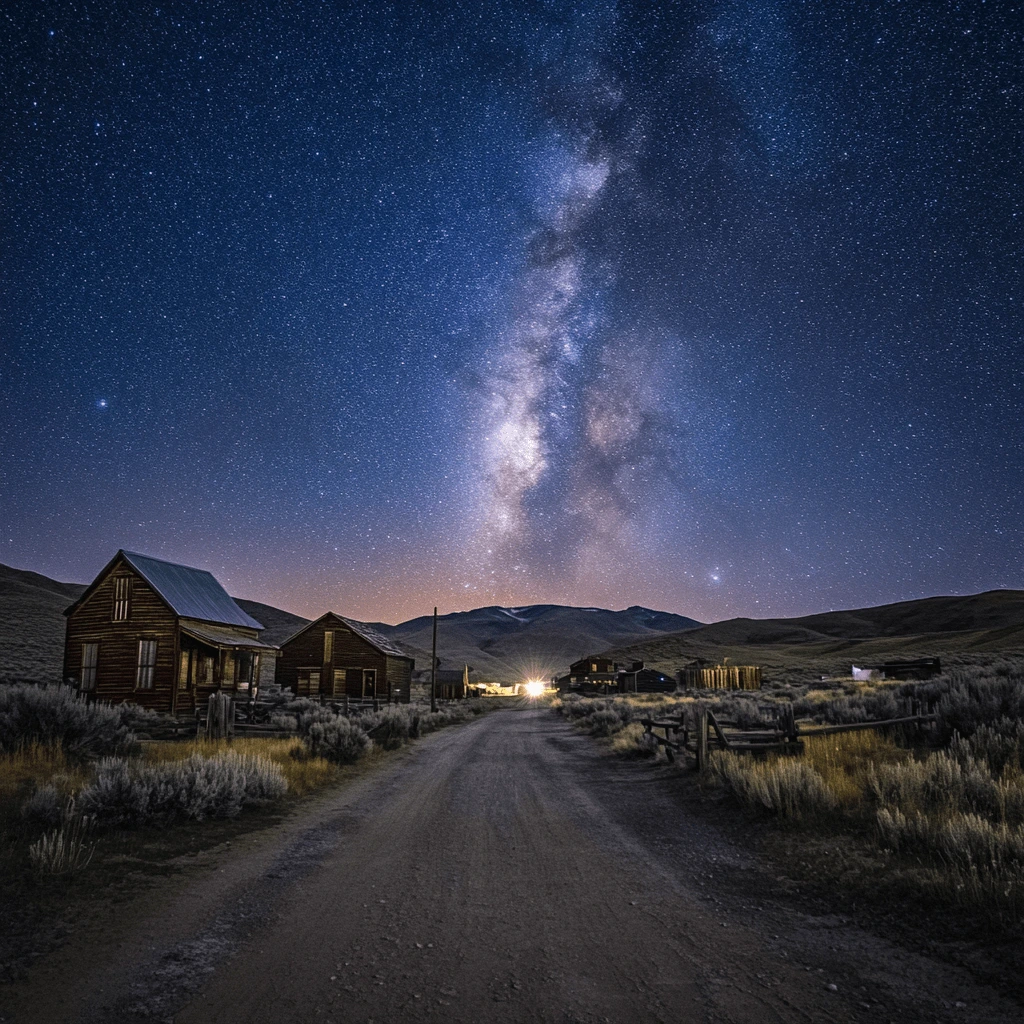 Starry night over Bodie State Historic Park, with old wooden houses and a dirt road leading into the distance.