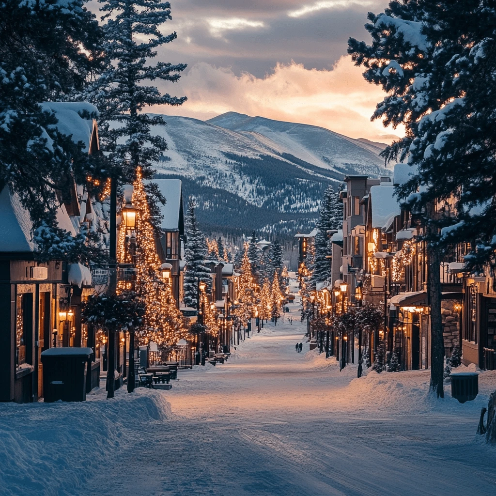 Breckenridge, Colorado in Winter - A Picturesque Ski Destination--v_6.1_5a47bcaa-857f-4a87-85a7-05e3386db436_0-min Snow-covered Breckenridge, Colorado street illuminated with festive lights, with a backdrop of snowy mountains at sunset.