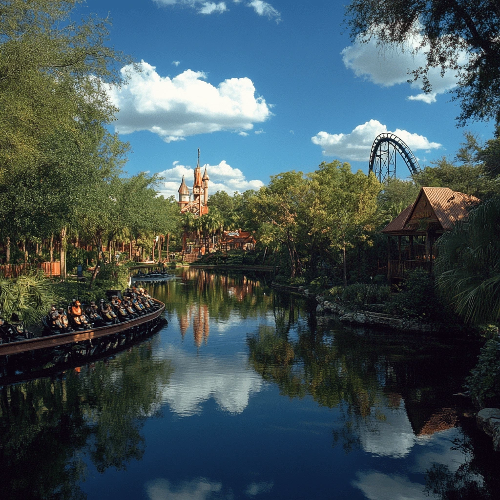 Busch Gardens Tampa Bay: Waterway and Attractions A serene view of Busch Gardens Tampa Bay featuring a tranquil waterway, lush greenery, a castle-like structure, and a roller coaster in the background.
