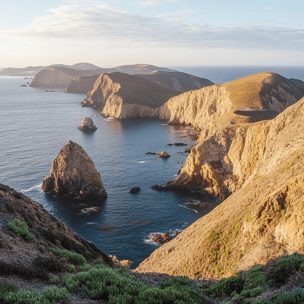 A breathtaking view of rugged cliffs and blue waters at Channel Islands National Park, California.
