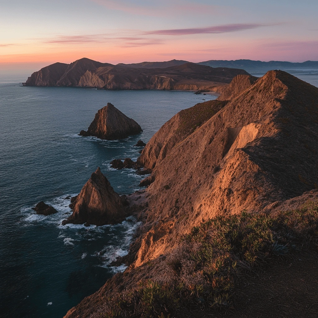 Sunset view of rugged cliffs and sea stacks on the Channel Islands of California.