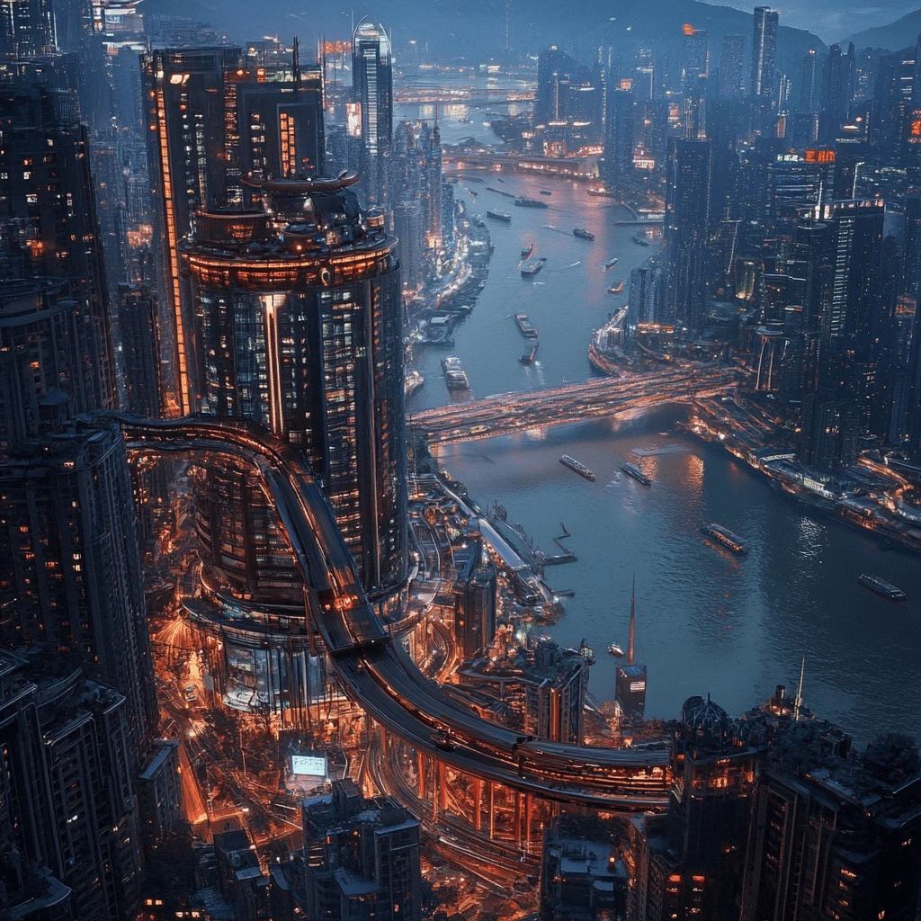 Chongqing, China: The Futuristic 5D City of Elevated Highways and Skyscrapers--v_6.1_76829eda-d216-4e3b-b590-08d206cd9d09_0-min Futuristic aerial view of Chongqing, China, showcasing towering skyscrapers, elevated highways, and a vibrant riverfront with boats