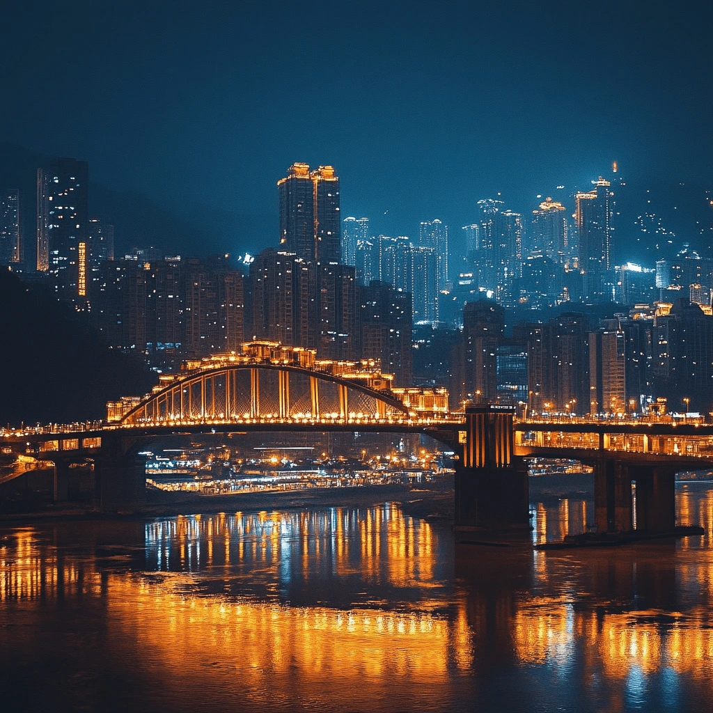 Night view of Chongqing, China, featuring a brightly illuminated bridge and a stunning city skyline with skyscrapers reflecting on the river.