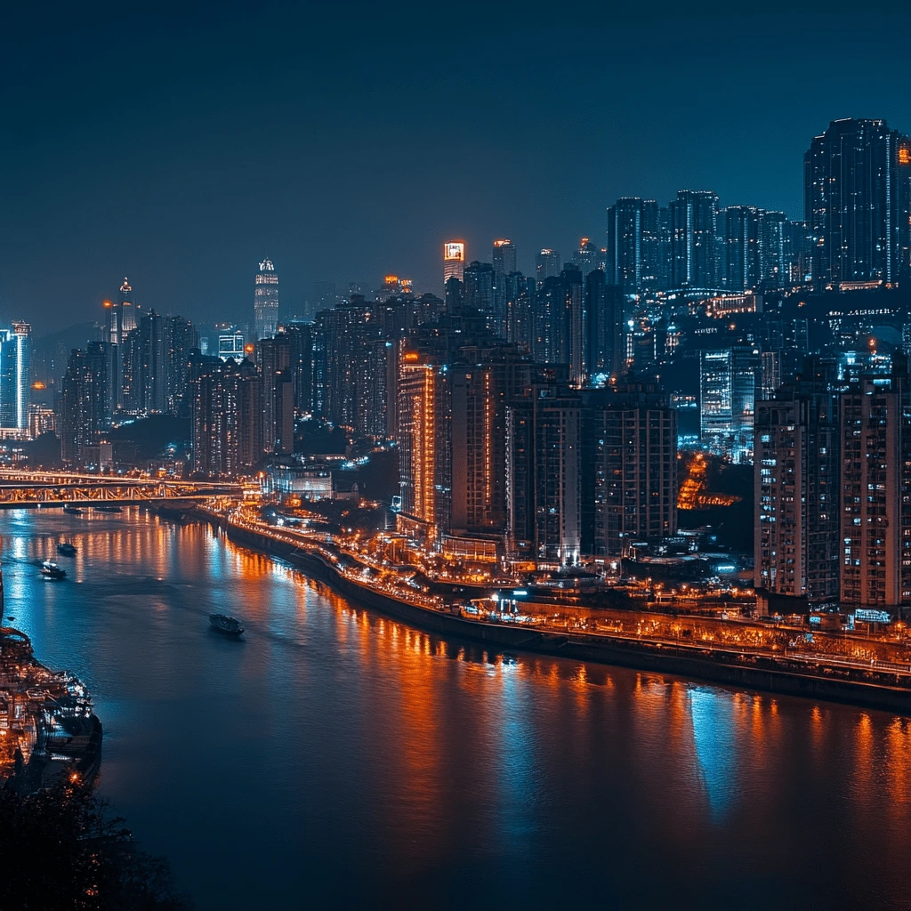 Chongqing cityscape at night with a glowing riverfront, brightly lit skyscrapers, and reflections on the Yangtze River.