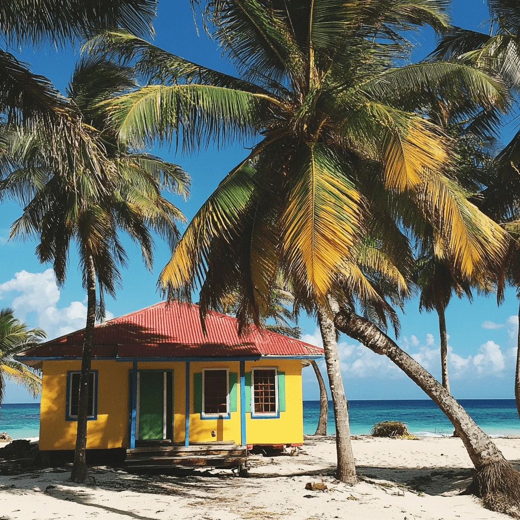 A colorful yellow house with a red roof on Corn Island, Nicaragua, surrounded by swaying palm trees on a sandy beach near turquoise waters.