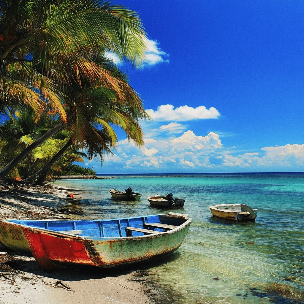 A tranquil beach on Corn Island, Nicaragua, with colorful wooden boats resting on clear turquoise waters, framed by palm trees and a bright blue sky.