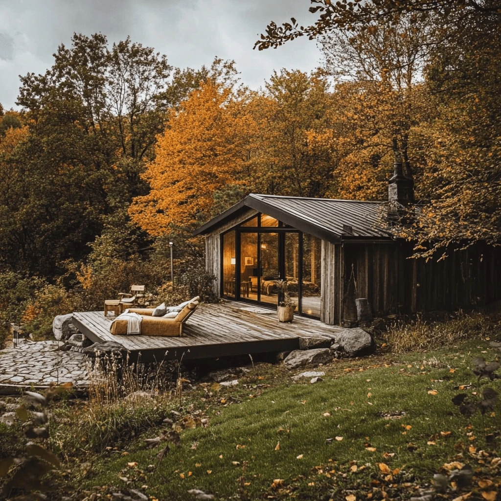 Cozy Cabin Retreat in Autumn--_84891226-fc0d-4bab-a18d-1e29657451f2_2-min A cozy wooden cabin surrounded by vibrant autumn foliage, featuring a rustic wooden deck with outdoor seating. Warm light from inside the cabin adds to the tranquil and inviting atmosphere.