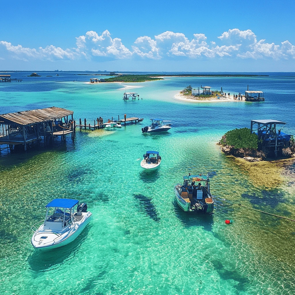 Aerial view of Crab Island in Destin, Florida, showcasing vibrant turquoise waters, boats anchored near floating docks, and small sandy patches under a sunny sky.