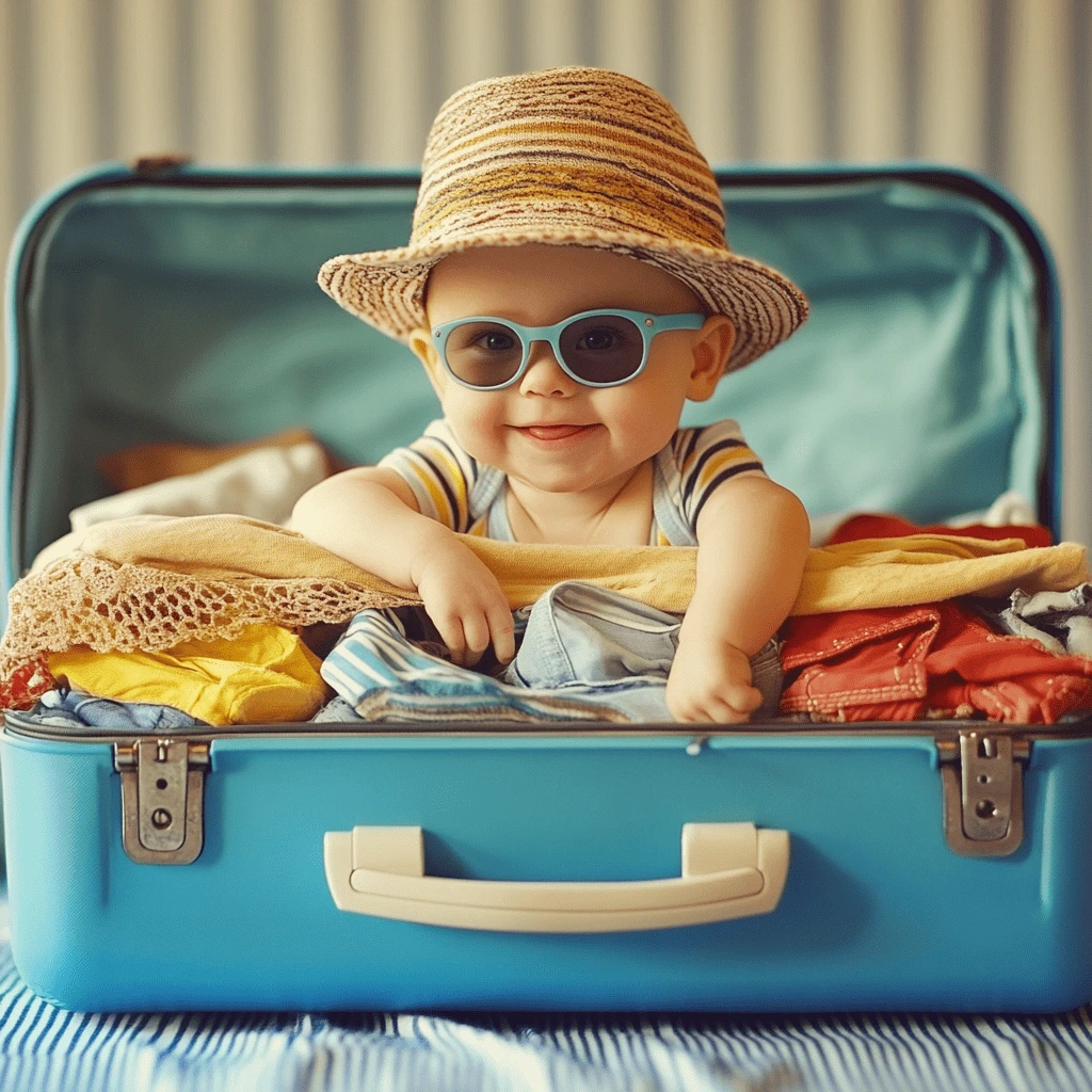 Adorable baby wearing a straw hat and sunglasses sitting in a packed blue suitcase.